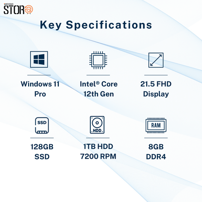 RDP Desk PC 12 I 8GB DDR4 RAM (Expandable upto 32GB) I 128GB SSD Storage (Expandable upto 1TB)  I 500GB HDD Storage (Expandable upto 1TB 7200 RPM) I Integrated Graphic Card I Windows 11 Pro I 19.5' to 24' FHD Display I Wired KB & Mice